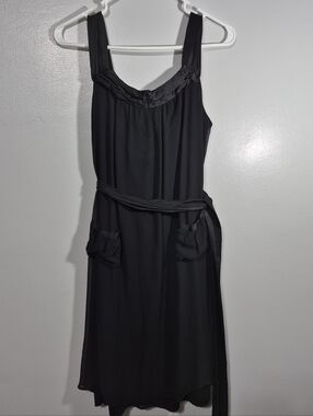 jonathan martin Silk Black Sleeveless Midi Dress Belt Pockets Sheer Size 10